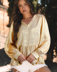 Metallic Frilled V Neck Puff Sleeve Babydoll Blouse