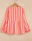 Plus Size Stripe Crinkled Half-Button V-Neck Blouse