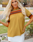 Jazlyn Geometric Short Puff Sleeve Frilled Blouse
