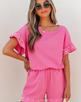 Honey Textured Pearled Ruffle Sleeve 2 Piece Set