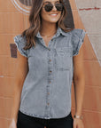 Bridget Frayed Ruffle Sleeve Denim Shirt