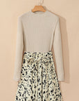 Leopard Patchwork Ribbed Knit Belted Dress