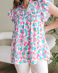 Abstract Shirred Ruffle Sleeve Blouse
