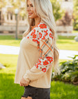 Floral Plaid Patchwork Long Sleeve Henley Top