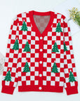 Checker Christmas Tree Buttoned V-Neck Cardigan Sweater