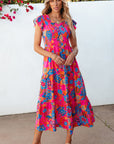 Kamari Boho Floral V Neck Ruffle Tiered Long Dress
