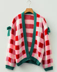 Plaid Bow Open Front Sweater Knit Cardigan