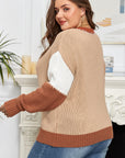Plus Size Colorblock Knit Contrast Stitch Crewneck Sweater