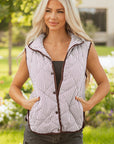Stripe Contrast Trim Snap Button Collared Vest