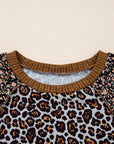 Leopard Floral Patchwork Ribbed Puff Sleeve Top