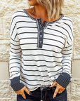 Stripe Waffle Knit Buttoned Henley Top