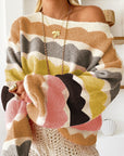 Striped Balloon Sleeve Drop Shoulder Sweater