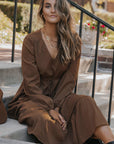 Solid Buttoned V-Neck Long Sleeve Tiered Maxi Dress