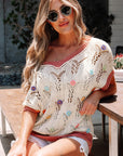 Isla Embroidered Flowers Colorblock Edge Hollowed Sweater