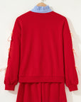 Stripe Collar Patchwork Bow Sweatshirt and Shorts Set