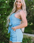 Hunter Spaghetti Straps Belted Denim Romper