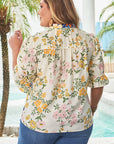 Plus Size Floral V-Neck Puff Sleeve Blouse