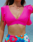 Lauren Ruffled V Neck Swim Top