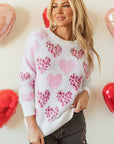 Valentine Leopard Heart Pearl Beaded Fuzzy Sweater