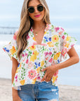 Liberty Floral Boxy Fit Ruffled Short Sleeve V Neck Blouse