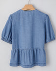 Hope Tied Front Bubble Sleeve Peplum Denim Shirt