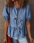 Hope Tied Front Bubble Sleeve Peplum Denim Shirt