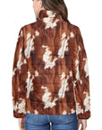 Brown Cow Print Women's Puffy Bomber Jacket