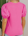 Pearl Beaded Ribbed Puff Sleeve Top