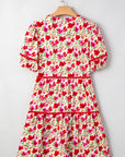 Floral Ricrac Puff Sleeve Pocketed Tiered Mini Dress