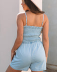 Haisley Spaghetti Strap Smocked Denim Romper