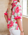 Floral Contrast Frilled V-Neck Blouse