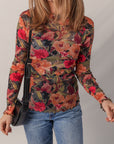 Floral Mesh Lettuce Trim Long Sleeve Top