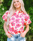Elyse Floral Puff Sleeve Frilled Neckline Blouse