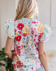 Anne Floral Ruffle Trim Short Sleeve Blouse