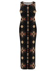 Black and Tan Aztec Bodycon Side Slit Western Maxi Dress
