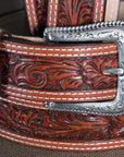 32-46 In Western Leather Belt Men Tan Tooled Dark Brown Stitching