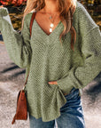 Solid Eyelet V-Neck Drop Shoulder Sweater