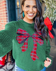 Plaid Bow Drop Shoulder Christmas Sweater