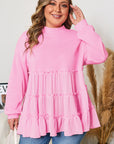 Plus Size Solid Ruffle Tiered Ribbed Crewneck Top