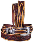 3D Floral Tan Mens Fashion Ranger Leather Belt Silver Buckle