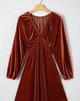 Velvet Elastic V-Neck Puff Sleeve Mini Dress