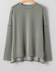 Solid Corded Knit Reverse Seam Long Sleeve Top