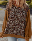 Leopard Floral Patchwork Ribbed Puff Sleeve Top