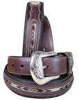 Western Fabric Inset Belt Men Black Brown Leather 32-46 Ines