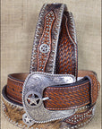 Western Cowboy Belt Nocona Hair Star Concho Brown Leather 34-46 Ines