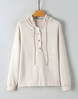Textured Half Buttoned Drawstring Hoodie