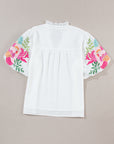 Priscilla Embroidered Puff Sleeve Notched Neck Blouse