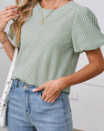 Stripe Textured Puff Sleeve Blouse