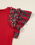 Plus Size Christmas Plaid Pearl Ruffle Sleeve Holiday T-shirt