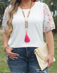 Kinslee Contrast Floral Puff Sleeve Ribbed Knit Plus Size Blouse